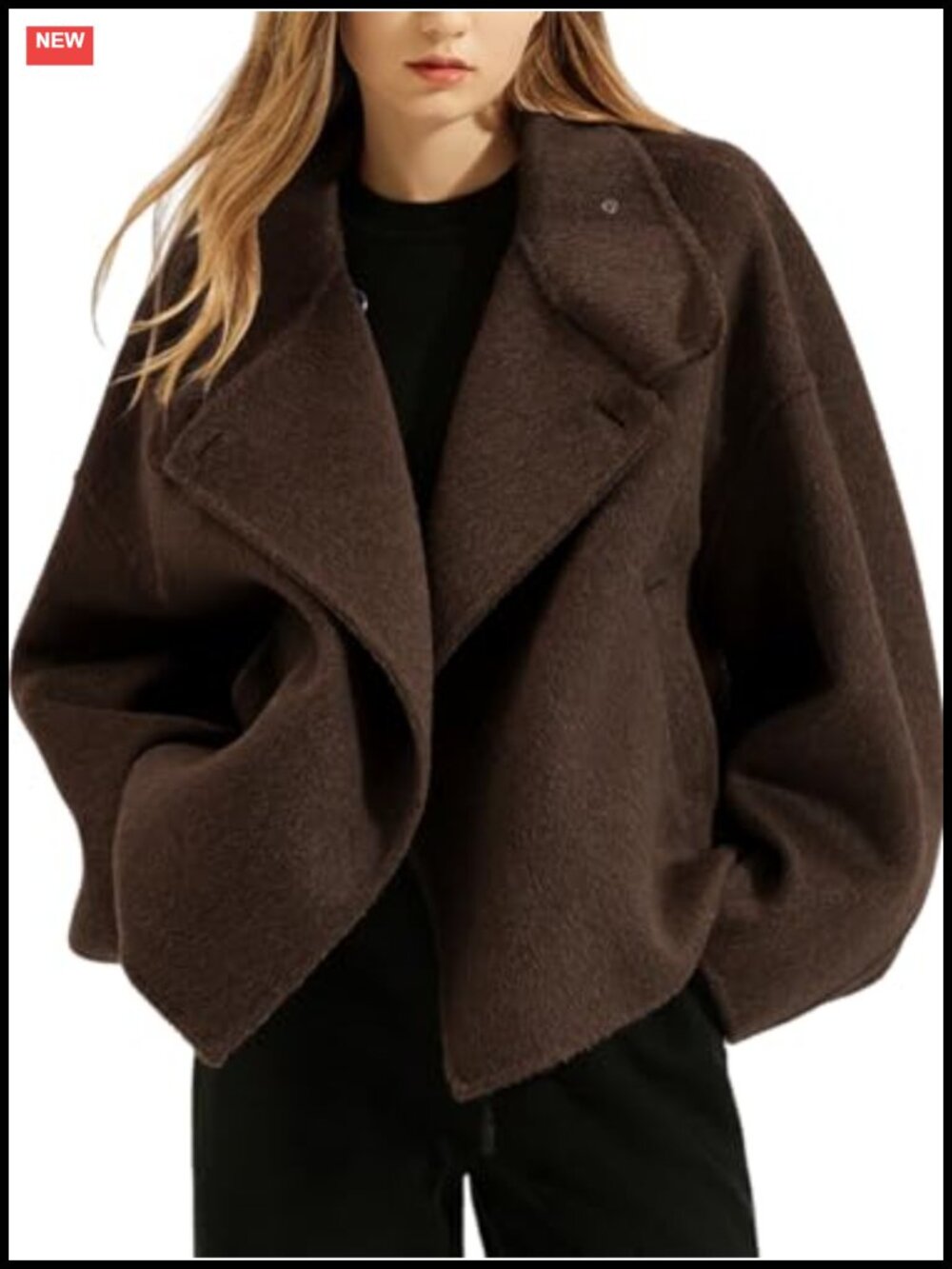 Cropped Wool Blend Pea Coat Notch Lapel Trench Jacket